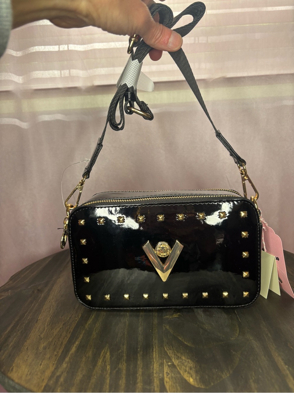 Valentino Orlandi Black Patent Crossbody with Gold Studs